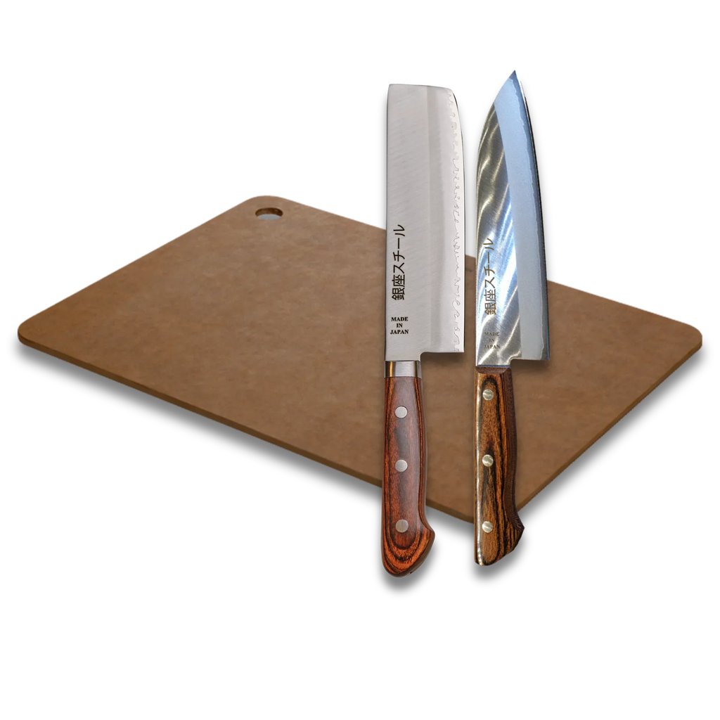 Ginza Steel X201 Kitchen Set: Japanese Knives with Antibacterial Board